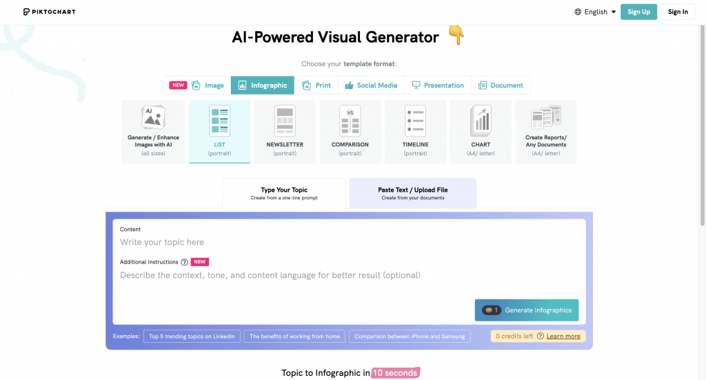 Screenshot of Piktochart's AI Infographic Generator